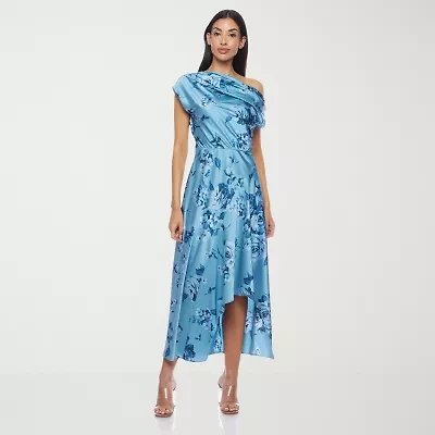Premier Amour One Shoulder Womens Short Sleeve Floral Midi Fit + Flare Dress