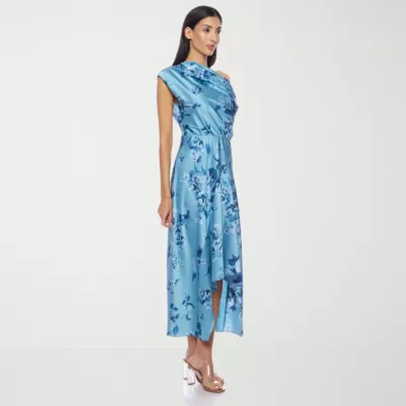 Premier Amour One Shoulder Womens Short Sleeve Floral Midi Fit + Flare Dress