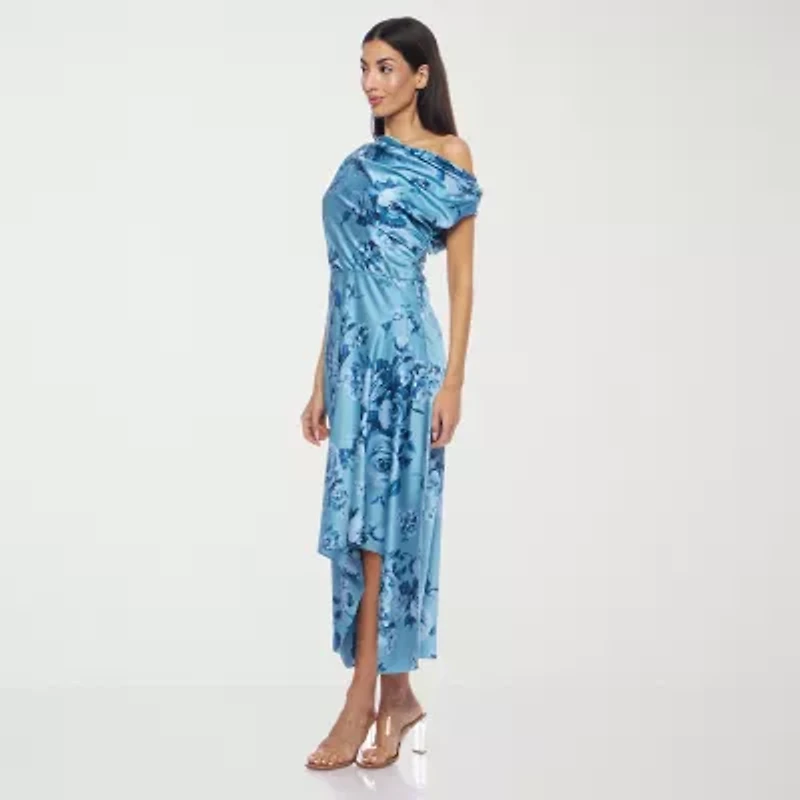 Premier Amour One Shoulder Womens Short Sleeve Floral Midi Fit + Flare Dress