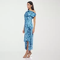 Premier Amour One Shoulder Womens Short Sleeve Floral Midi Fit + Flare Dress
