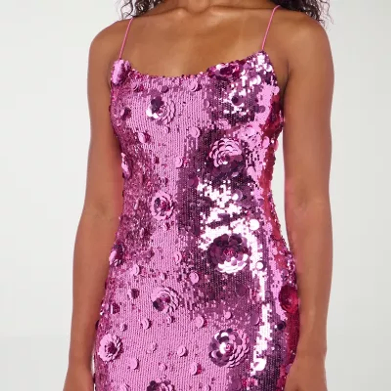 B. Smart Flower Applique Womens Juniors Sleeveless Sequin Bodycon Dress