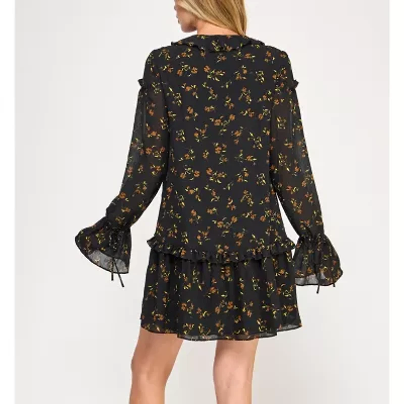 City Triangle Womens Long Sleeve Floral Babydoll Dress Juniors