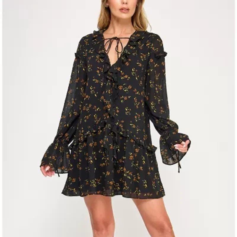 City Triangle Womens Long Sleeve Floral Babydoll Dress Juniors