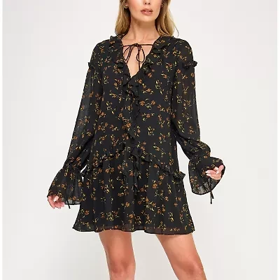 City Triangle Womens Long Sleeve Floral Babydoll Dress Juniors