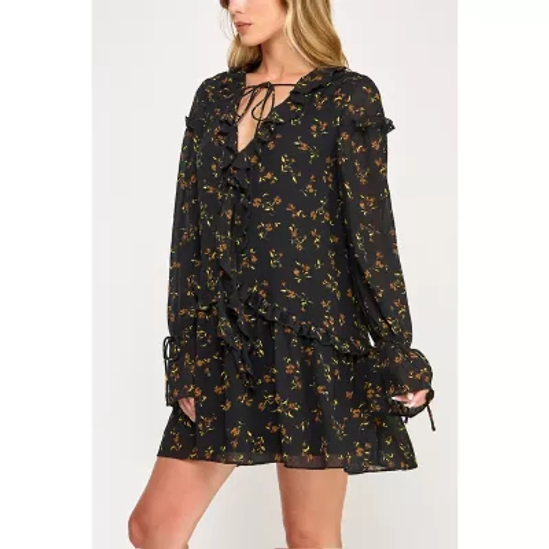 City Triangle Womens Long Sleeve Floral Babydoll Dress Juniors