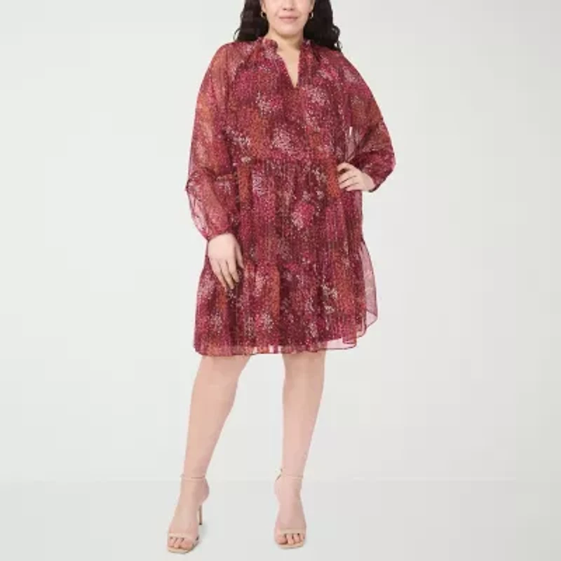 MSK Womens Long Sleeve Floral Babydoll Dress Plus