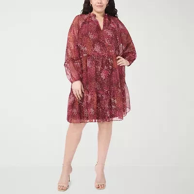 MSK Womens Long Sleeve Floral Babydoll Dress Plus