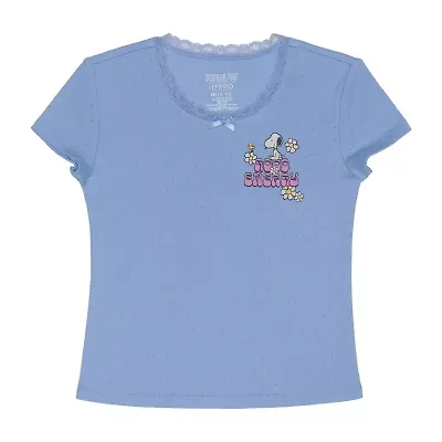 Little & Big Kid Girls V Neck Short Sleeve Oversized Peanuts Graphic T-Shirt