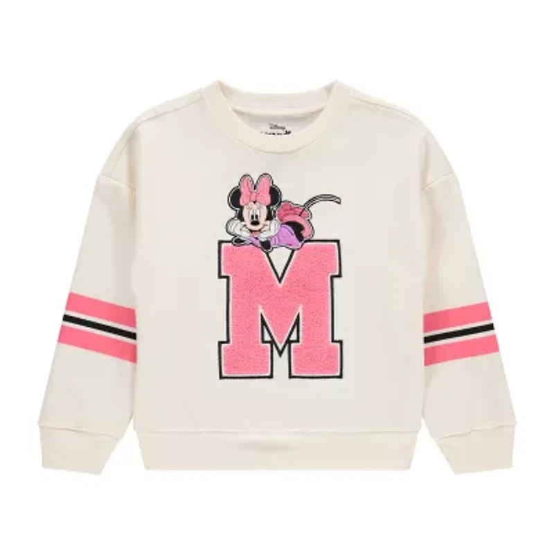 Disney Collection Little & Big Kid Girls Crew Neck Embroidered Long Sleeve Minnie Mouse Sweatshirt
