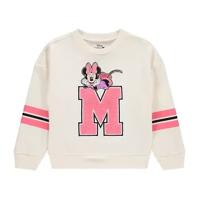 Disney Collection Little & Big Kid Girls Crew Neck Embroidered Long Sleeve Minnie Mouse Sweatshirt
