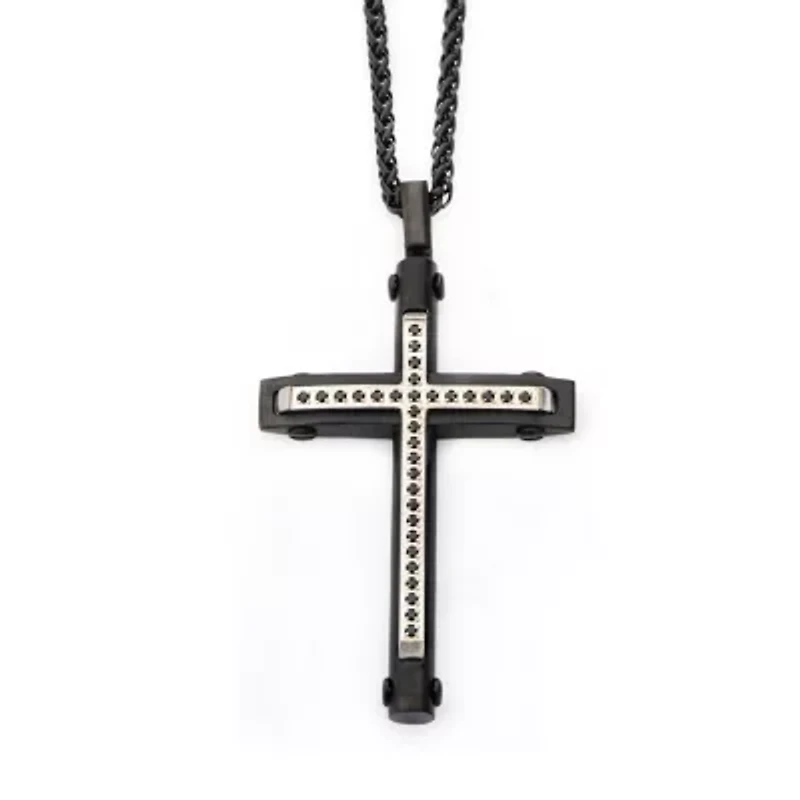 Mens Cubic Zirconia Stainless Steel Cross 24 Inch Pendant Necklace