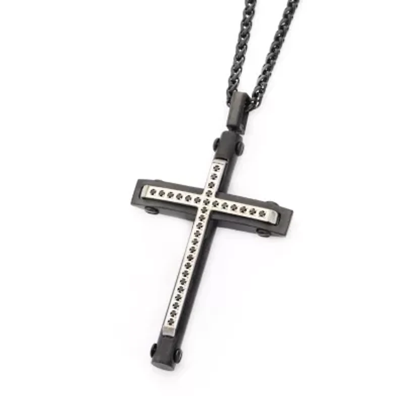 Mens Cubic Zirconia Stainless Steel Cross 24 Inch Pendant Necklace