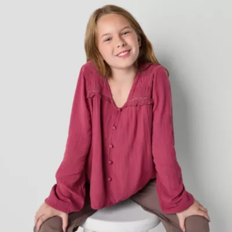 Thereabouts Little & Big Kid Girls V Neck Long Sleeve Blouse