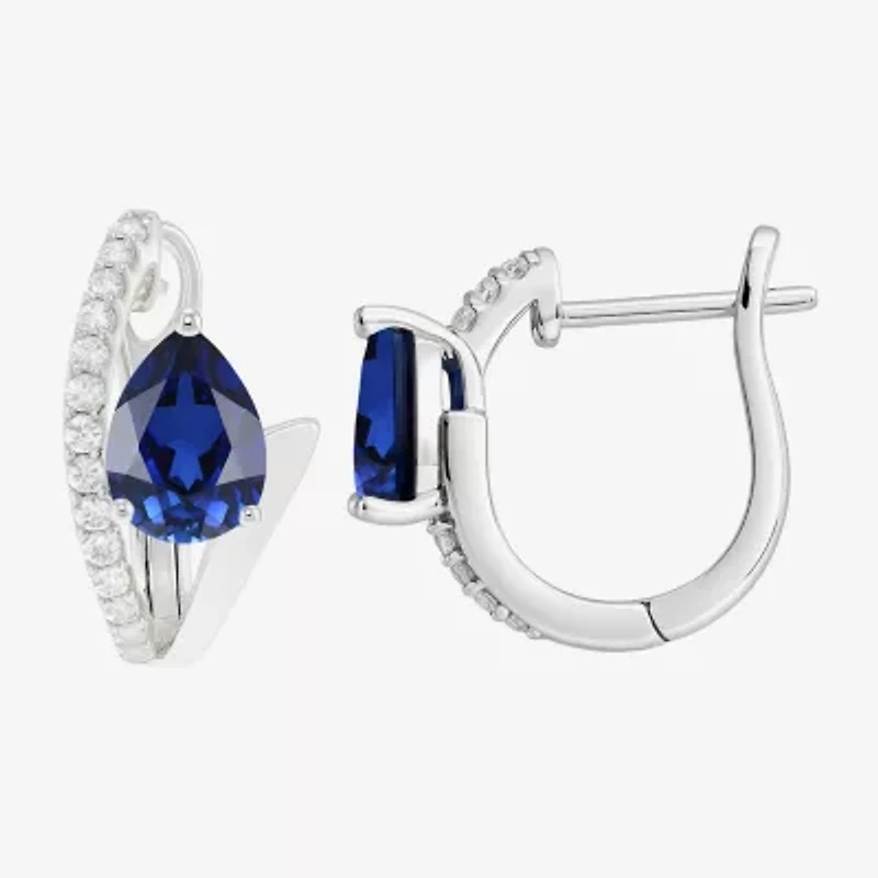 Womens Lab Created Blue Sapphire Sterling Silver 14mm Pear Hoop Earrings