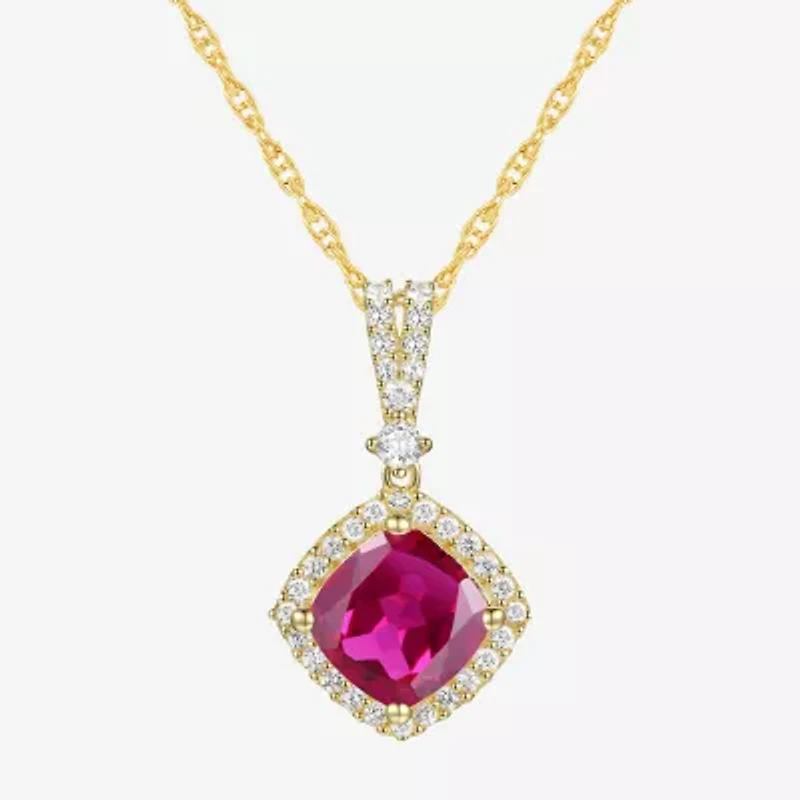 Womens Lab Created Red Ruby 14K Gold Over Silver Cushion 18 Inch Pendant Necklace