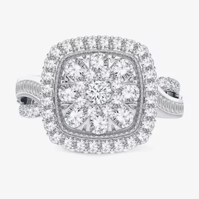 Womens 1 CT. T.W. Natural White Diamond 10K Gold Cushion Side Stone Halo Engagement Ring