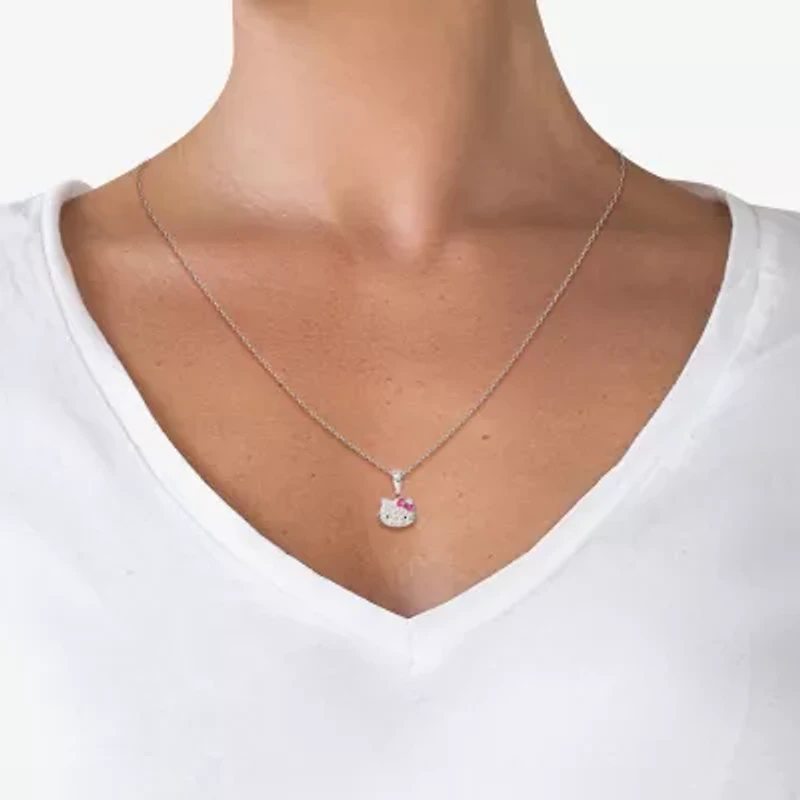Girls White Crystal Sterling Silver 15 Inch Pendant Necklace