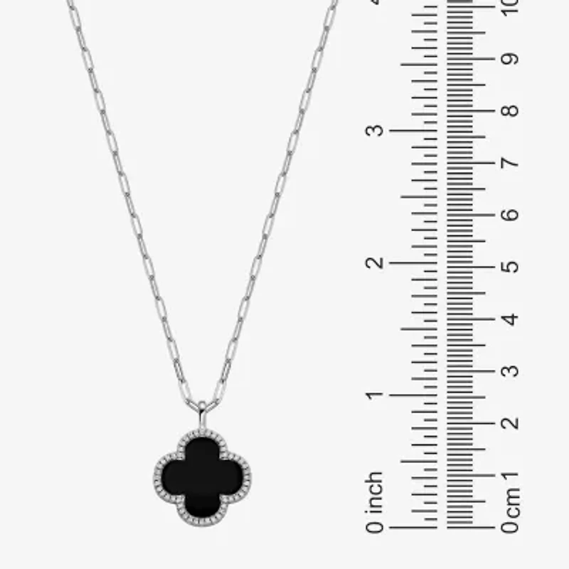 Womens 1 3/4 CT. T.W. Black Agate Sterling Silver Clover Paperclip 17 Inch Pendant Necklace