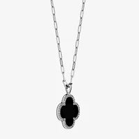 Womens 1 3/4 CT. T.W. Black Agate Sterling Silver Clover Paperclip 17 Inch Pendant Necklace