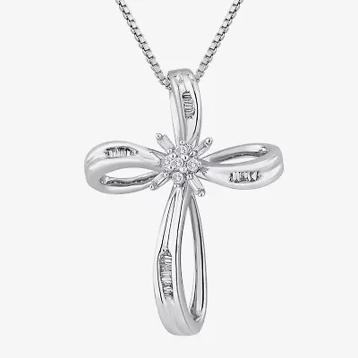 1/10 CT.T.W. Natural Diamond Sterling SIlver Ribbon-Style Cross Pendant Necklace