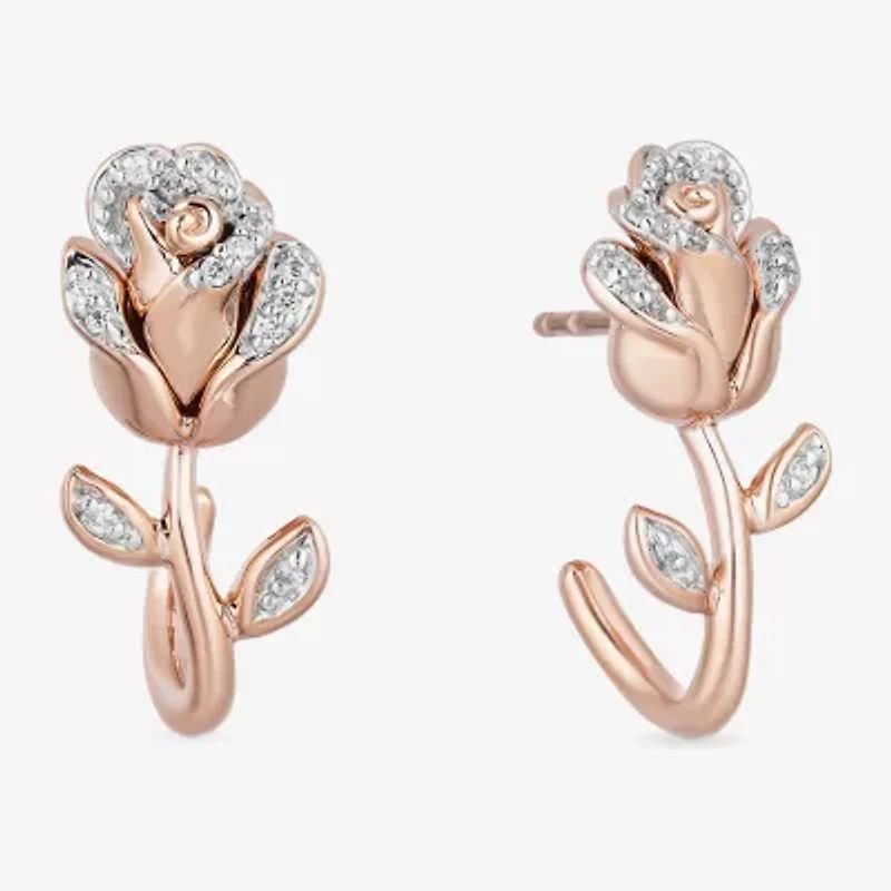 Womens 1/10 CT. T.W. Natural White Diamond 14K Rose Gold Over Silver Flower Beauty and the Beast Belle Princess Drop Earrings