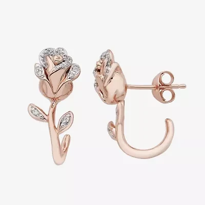 Womens 1/10 CT. T.W. Natural White Diamond 14K Rose Gold Over Silver Flower Beauty and the Beast Belle Princess Drop Earrings