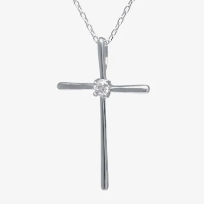 Silver Treasures Womens White Cubic Zirconia Sterling Silver Cross 18 Inch Pendant Necklace