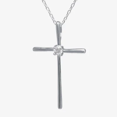 Silver Treasures Womens White Cubic Zirconia Sterling Silver Cross 18 Inch Pendant Necklace