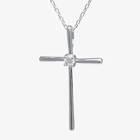 Silver Treasures Womens White Cubic Zirconia Sterling Silver Cross 18 Inch Pendant Necklace