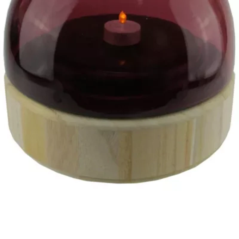 9.75'' Merlot Colored Glass Pillar Candle Holder with Wooden Base