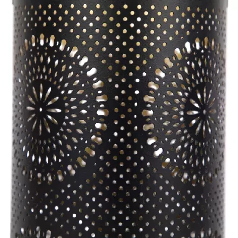 Set of 3 Black and Gold Decorative Floral Cut-Out Pillar Candle Lanterns 12.5"