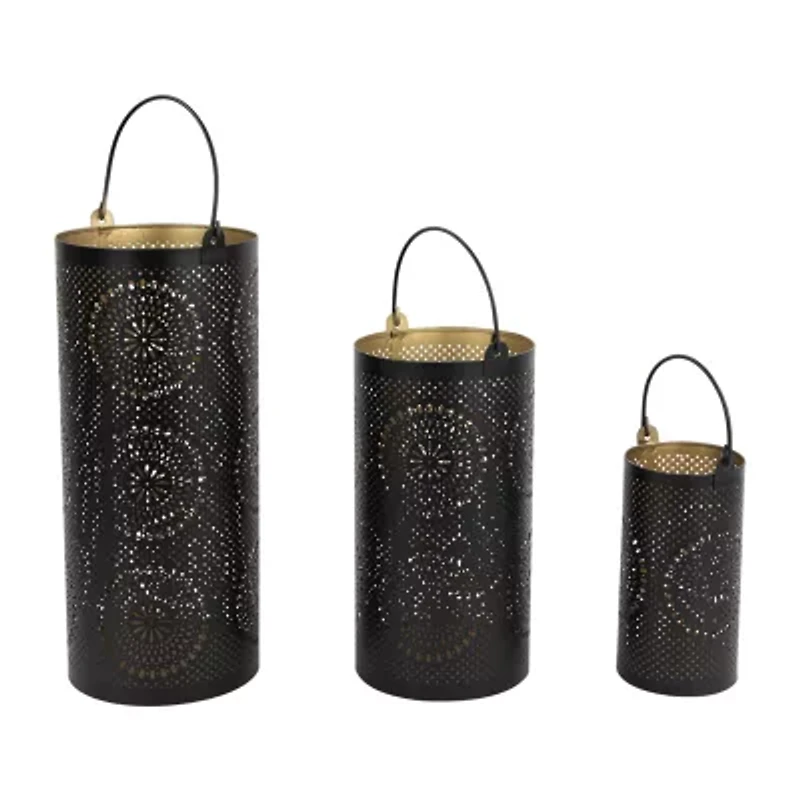 Set of 3 Black and Gold Decorative Floral Cut-Out Pillar Candle Lanterns 12.5"