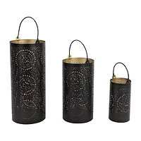 Set of 3 Black and Gold Decorative Floral Cut-Out Pillar Candle Lanterns 12.5"