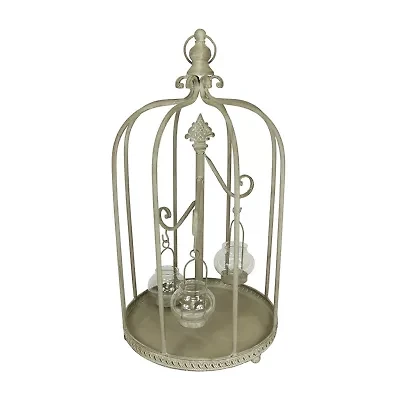 26'' Vintage Rose Antique-Style Distressed Gray-Washed Taupe Metal Birdcage Tea Light Candle Holder