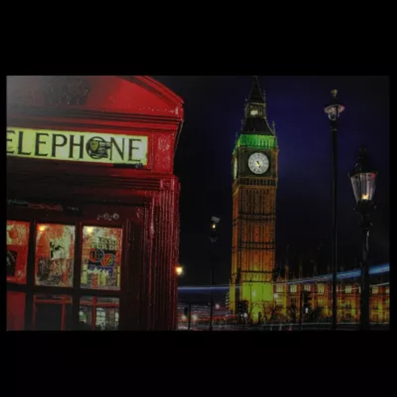 LED Lighted Famous Big Ben and Red Telephone Box London Canvas Wall Art 15.75'' x 23.5''