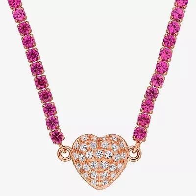 Womens Pink Sapphire 18K Rose Gold Over Silver 17 Inch Tennis Necklace