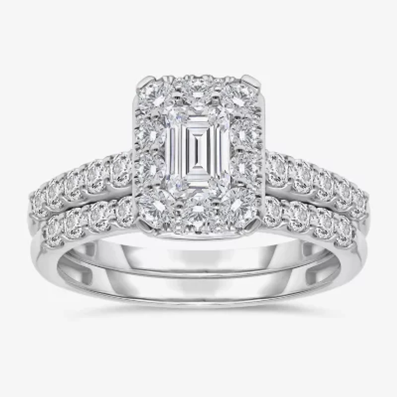 I / I1) Womens CT. T.W. Lab Grown White Diamond 10K Gold Side Stone Halo Bridal Set