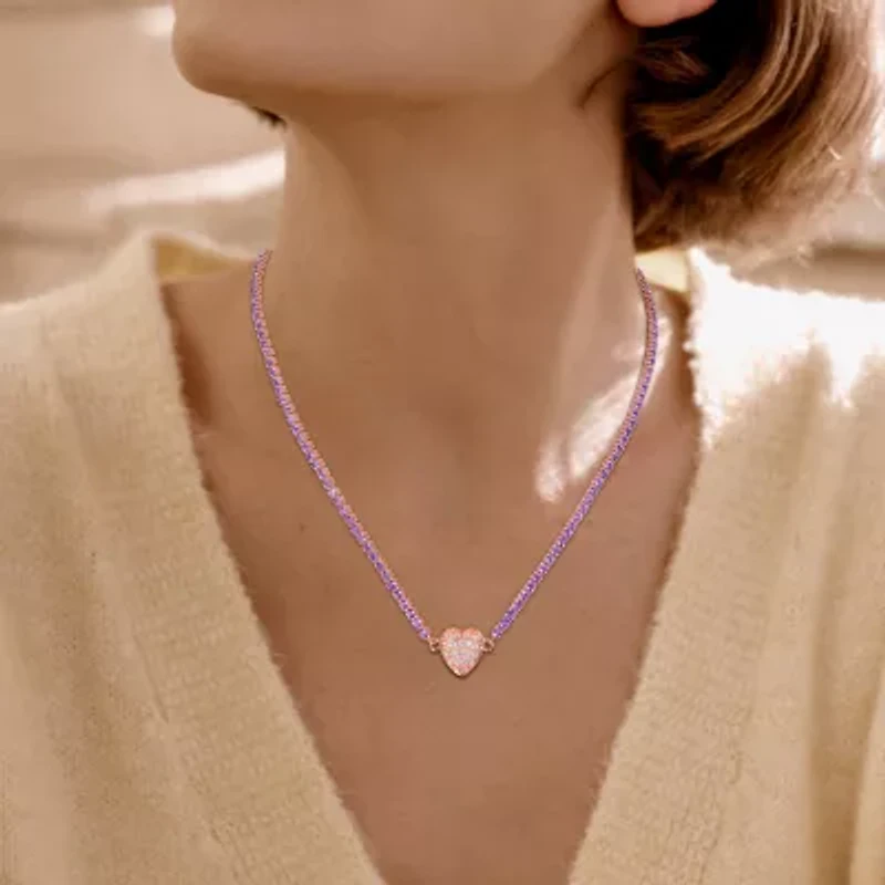 Womens Gemstone Sterling Silver Heart Tennis Necklaces