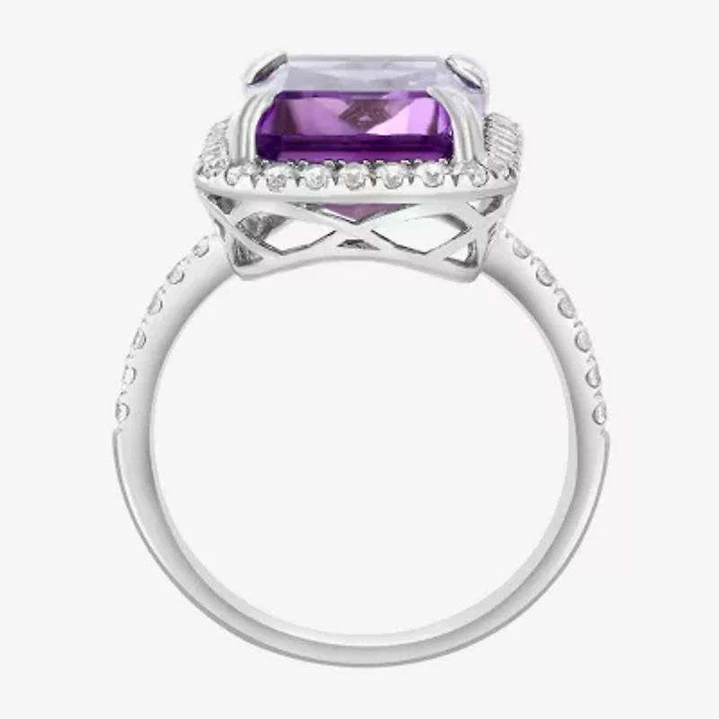 Effy  Womens Genuine Purple Amethyst Sterling Silver Halo Side Stone Cocktail Ring