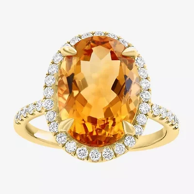Effy  Womens Genuine Orange Citrine 14K Gold Over Silver Sterling Oval Halo Side Stone Cocktail Ring