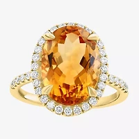 Effy  Womens Genuine Orange Citrine 14K Gold Over Silver Sterling Oval Halo Side Stone Cocktail Ring
