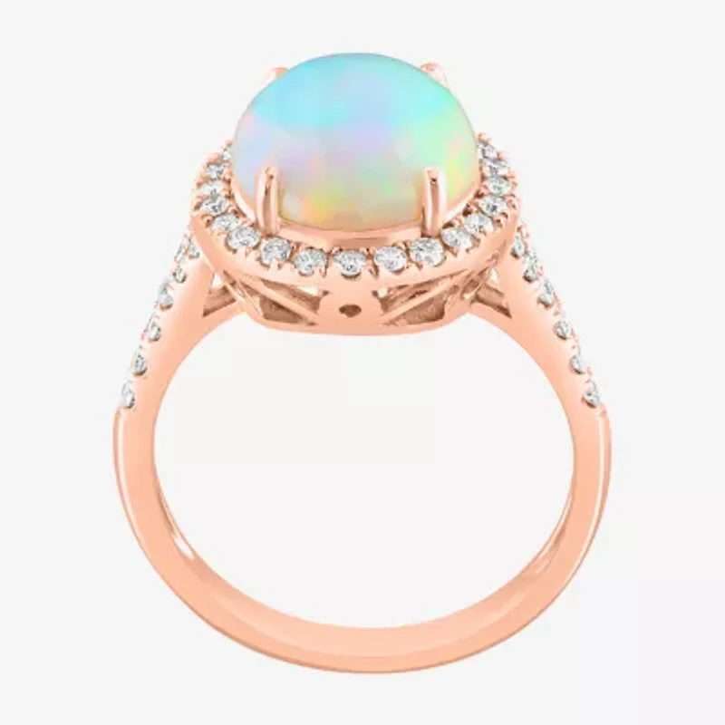 Effy  Womens Genuine White Opal 14K Rose Gold Over Silver Sterling Oval Halo Side Stone Cocktail Ring