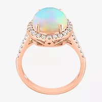 Effy  Womens Genuine White Opal 14K Rose Gold Over Silver Sterling Oval Halo Side Stone Cocktail Ring