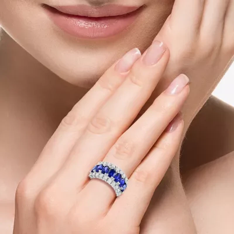 Effy  Womens 1/2 CT. T.W. Lab Created Blue Sapphire 14K White Gold Oval Band