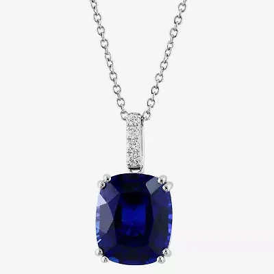 Effy  Womens Diamond Accent Lab Created Blue Sapphire 14K White Gold Cushion 16 Inch Pendant Necklace