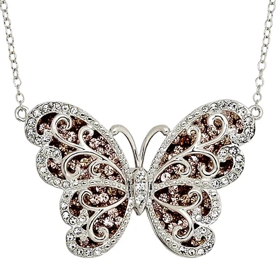 Sterling Silver Two-Tone Crystal Butterfly Pendant Necklace