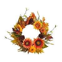 Nearly Natural 24" Fall Sunflower Arrangement Faux Wreath