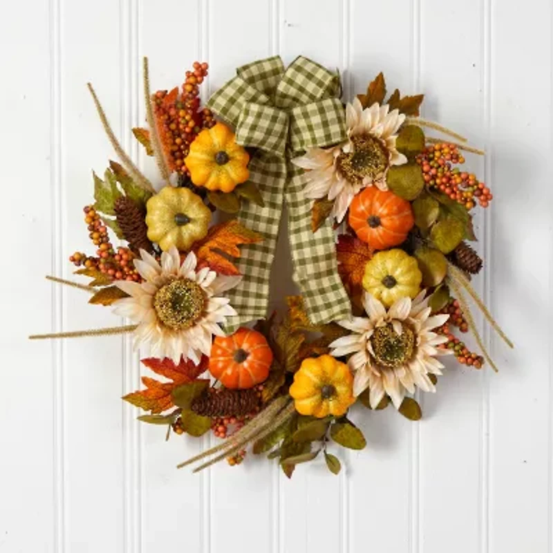 Nearly Natural 24" Fall Pumpkin Sunflower Faux Wreath