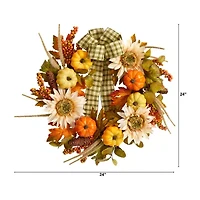 Nearly Natural 24" Fall Pumpkin Sunflower Faux Wreath
