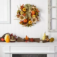 Nearly Natural 24" Fall Pumpkin Sunflower Faux Wreath